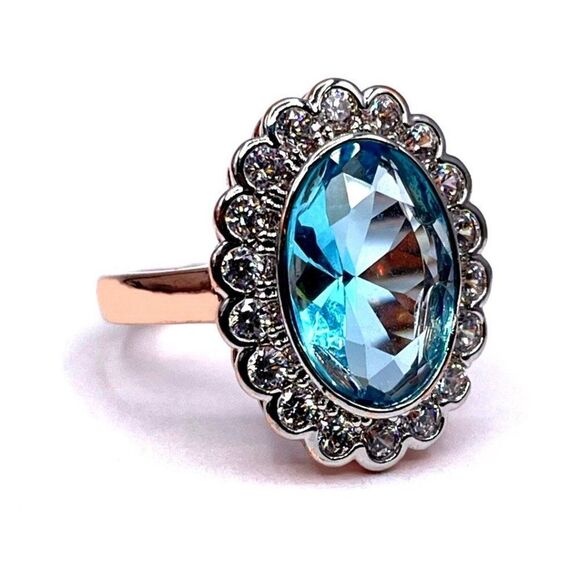 .925 Sterling Silver Rose Gold with Blue and White Cubic Zirconia Ring Size 6 - Picture 2 of 6